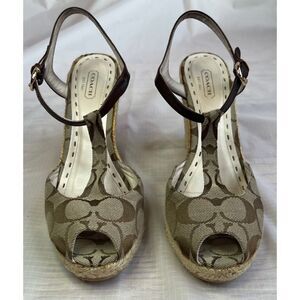 Coach Brown Jacquard Fabric Logo Peep Toe Sling back Wedge Shoe Sz 9
